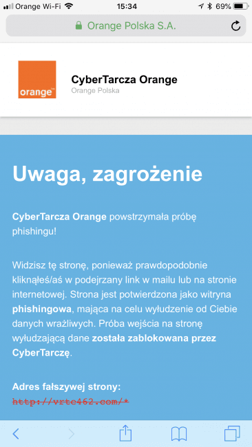 Интересно, что пользователи сервисов Orange должны быть в безопасности (если они не изменили DNS по умолчанию) - CyberGrand Orange обнаруживает веб-сайт с впечатлением о приложении и отображает соответствующее предупреждение